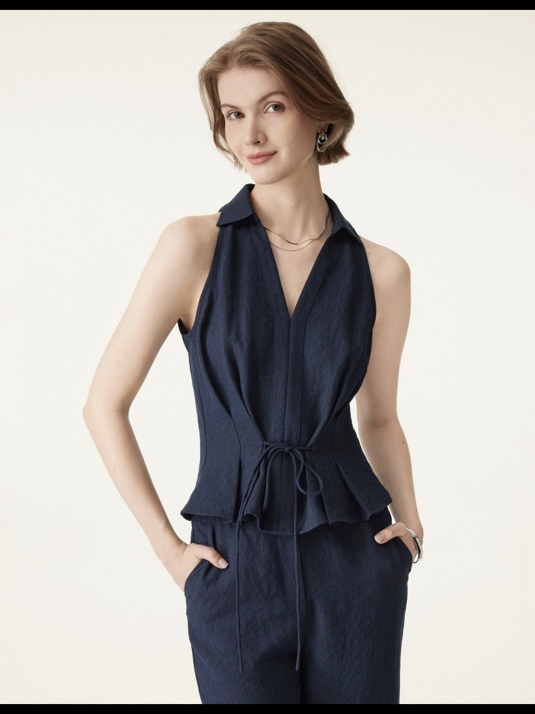 Ogl Collared V-Neck Pleated Sleeveless Tie Front Top